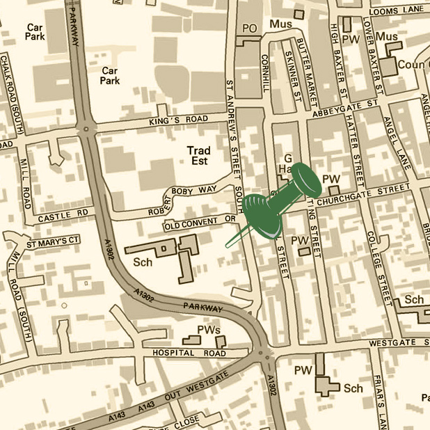 Map showing the practice location in Bury St Edmunds